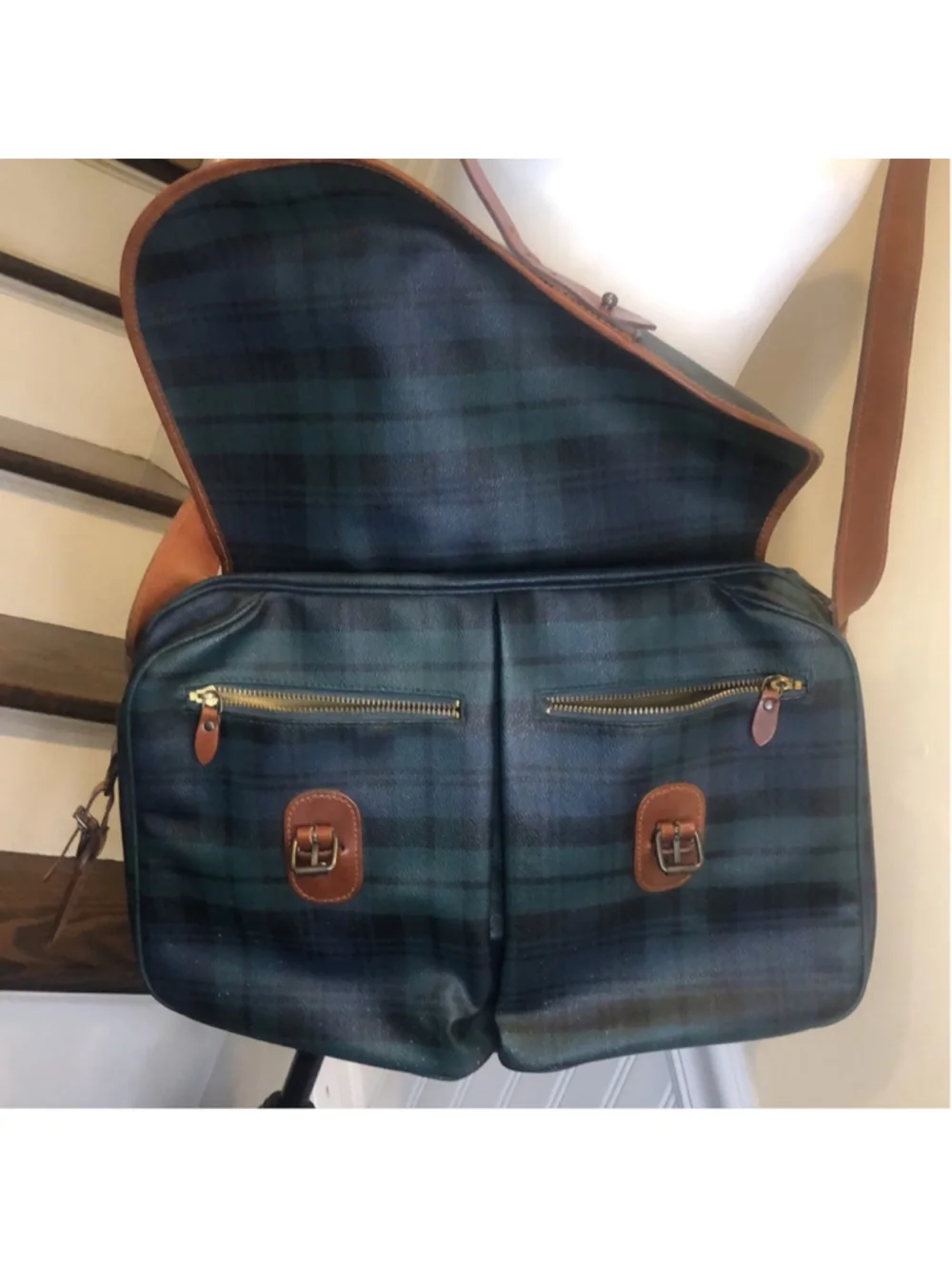 RALPH LAUREN Black Watch Plaid Crossbody Computer Messenger Tote Bag Vintage